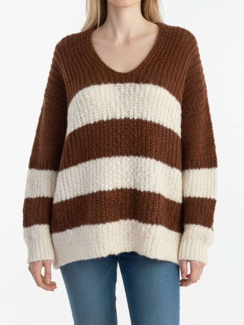 Wishlist Brown Cream Striped Slouchy Oversized Knit V-Neck Sweater Womens S/M